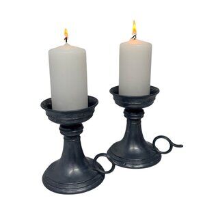 Vintage / Antique European Pewter Candlesticks Pair Finger Handle 4.5” Tall